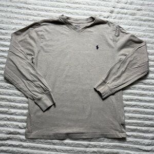 Polo Ralph Lauren Boys L (14-16) Beige V-Neck Long Sleeve Cotton T-Shirt Logo